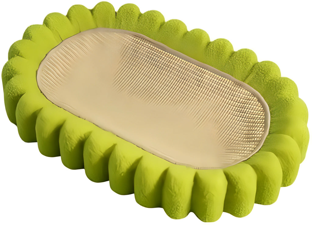 Green oval cat scratching pad and bed made from sisal fibre.