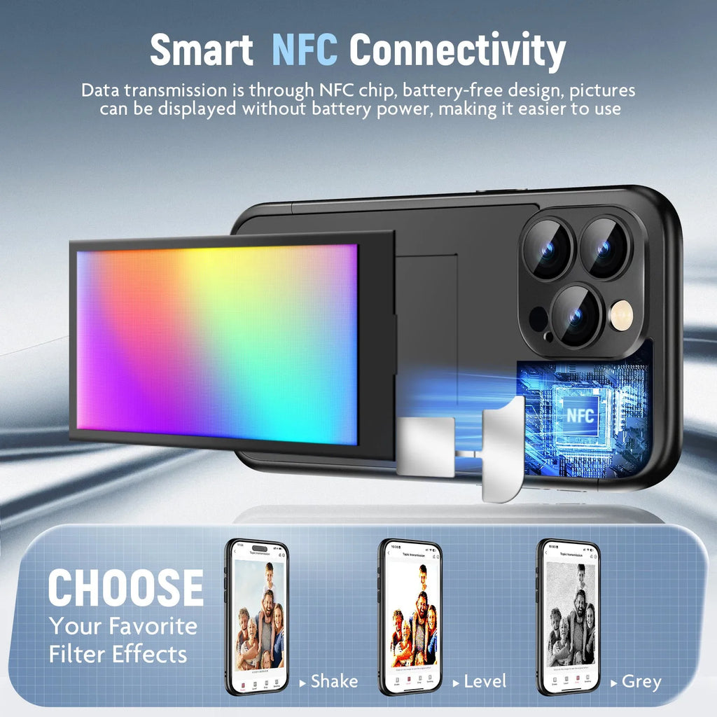 Black iPhone 15 Pro Max flip case with NFC ink screen for custom designs