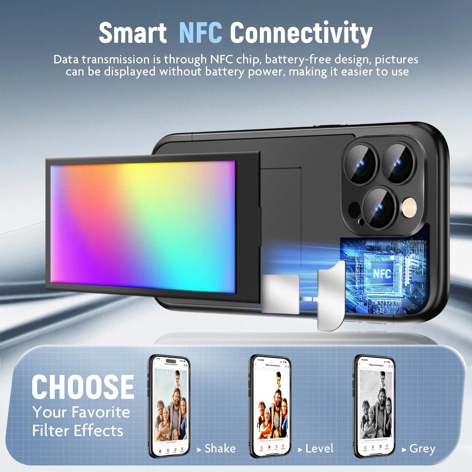 Black iPhone 15 Pro Max flip case with NFC ink screen for custom designs