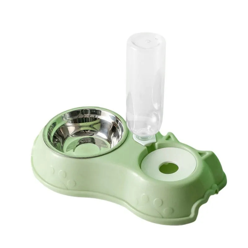 Mobile unplugged cat drinking bowl in PP, PET and stainless steel, 24.5 x 24.5 x 29.5 cm, with 11 x 3 cm small bowl
