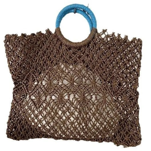 Minority all-match hollow handmade straw bag in dark brown with square vertical shape, 44cm wide