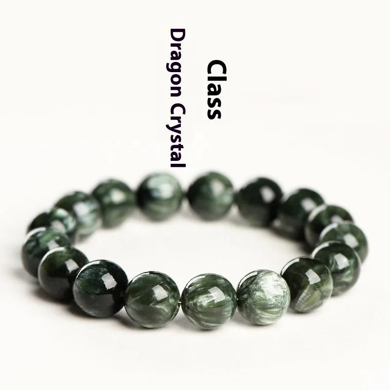 Green Dragon Crystal bracelet with 8-9mm round beads on a white background.