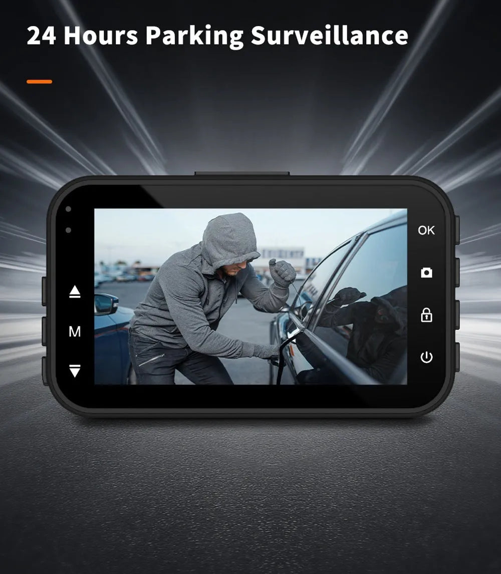 ThiEYE front and rear car dash cam system with 3-inch screen shown on a windscreen