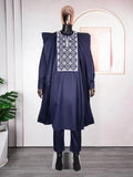 Plus size men's figured cloth three-piece suit in dark blue for daily spring autumn wear