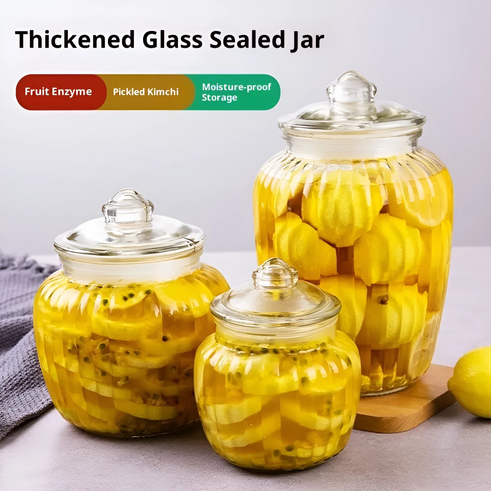 Large capacity thickened glass sealed can with lid, 1300ml vertical pattern, clear lead-free glass