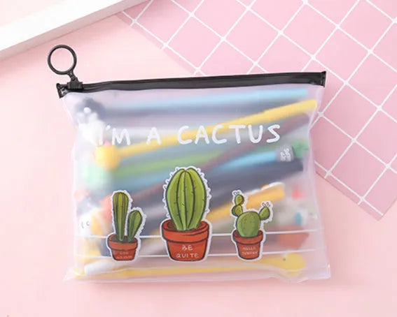 Marvel cartoon pen set showing twenty black 0.5mm pens in plastic carry case with cactus designs