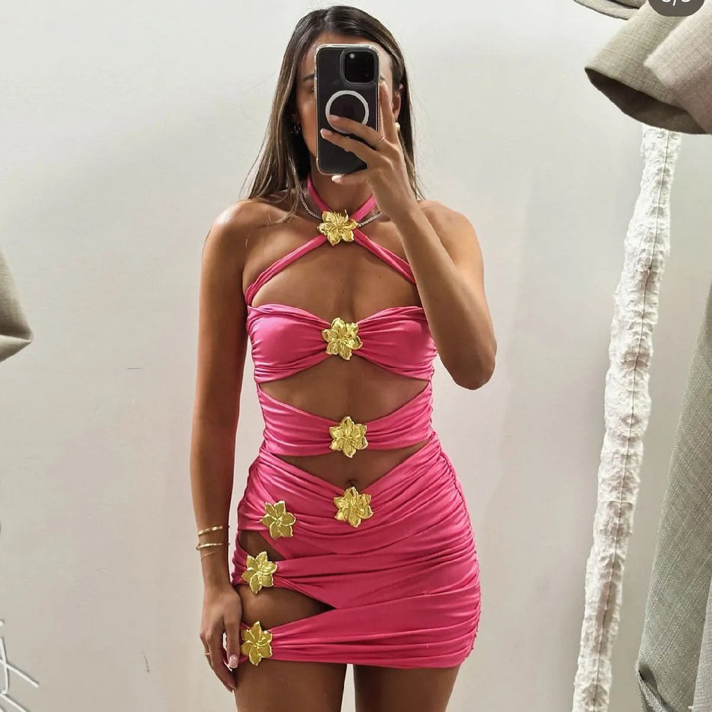Women's solid colour one-piece swimsuit with hollow-out tube top, high-waist briefs, and a separate short skirt.