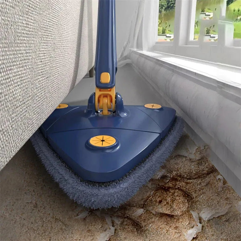 Extendable blue triangle mop with 360 rotating head and automatic water squeezing mechanism