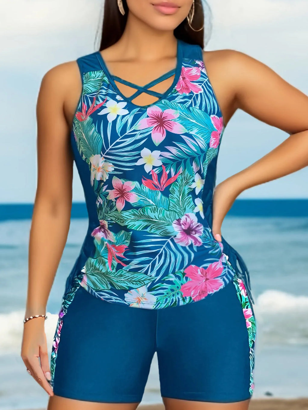 Women's plus size floral print high-waisted bikini swimsuit in navy blue.