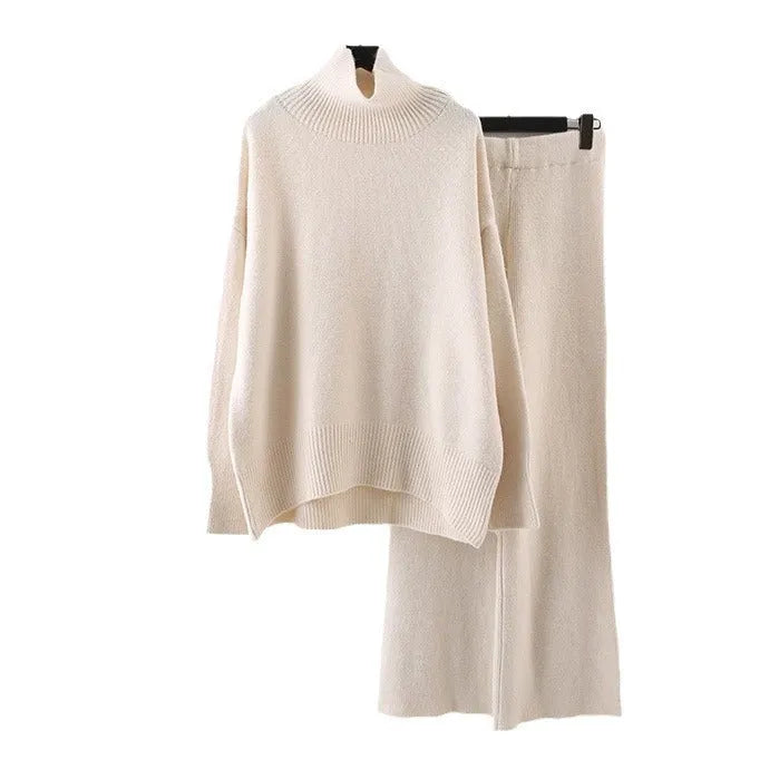 Women’s acrylic fibre two-piece set with long sleeves, wide leg trousers and solid colours