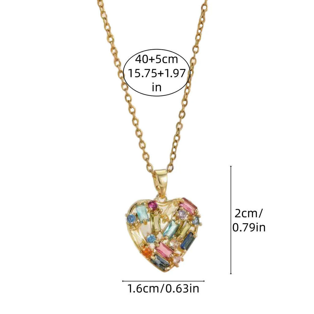 Copper heart pendant necklace with zircon accent on O-ring chain, electroplated finish, gold blue colour option