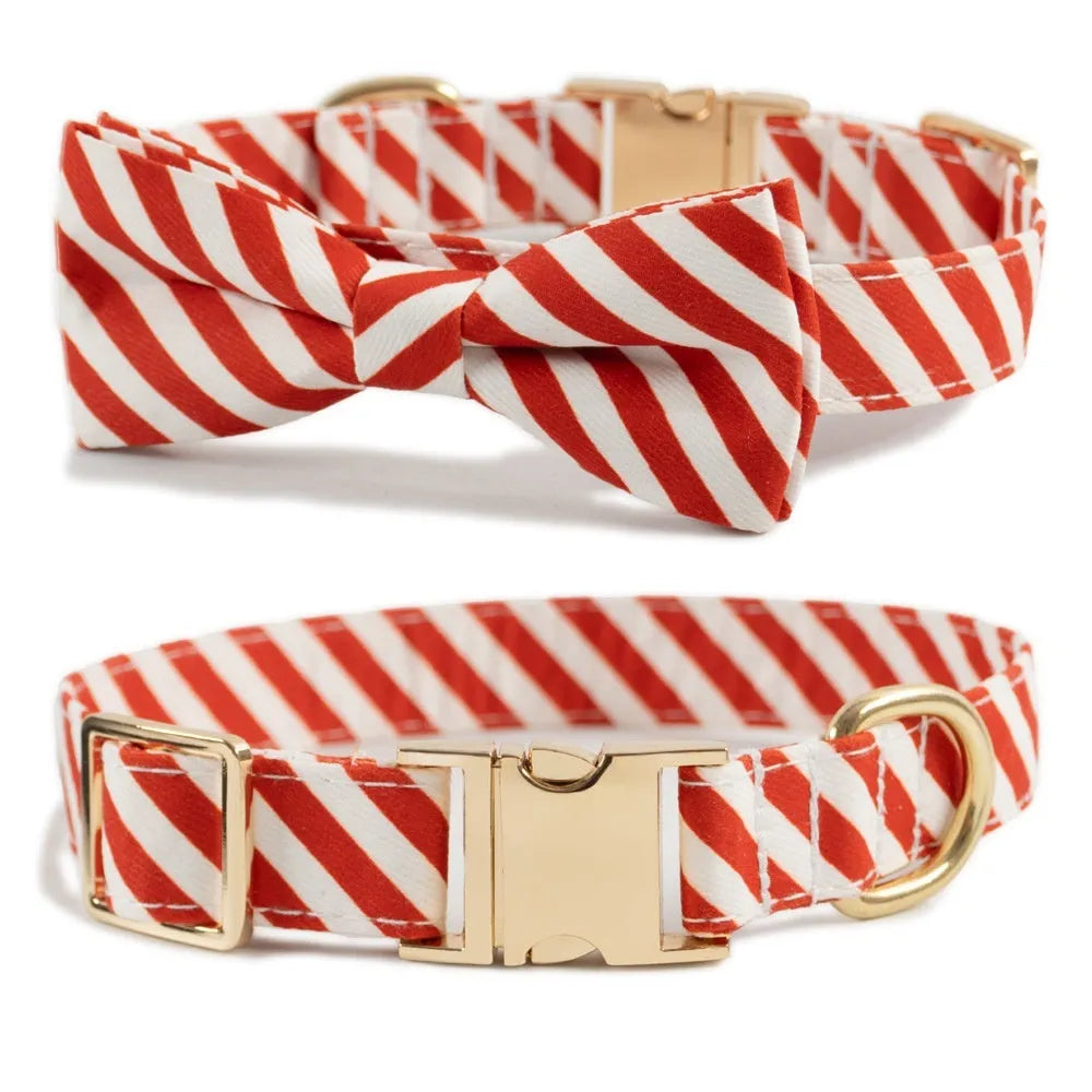 Striped green dog collar with adjustable buckle and a matching bow, showing custom engraving space.