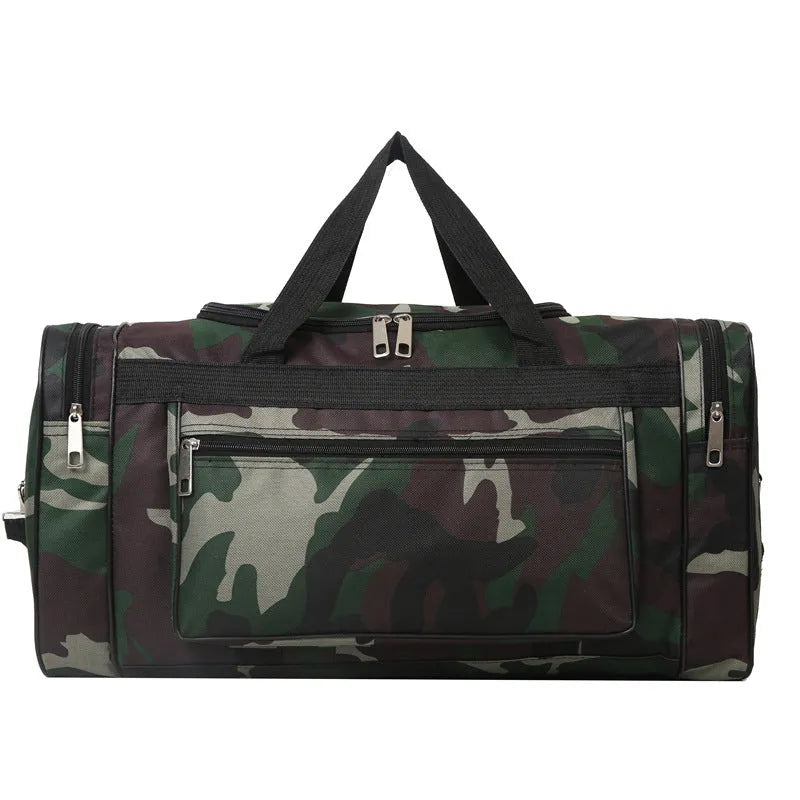 Camouflage patterned waterproof luggage bag with stripe lining, shown with capacity below 20 litres.