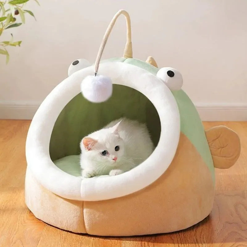 Grey semi-closed lantern fish shaped cat bed made of soft deerskin velvet, showing front opening.