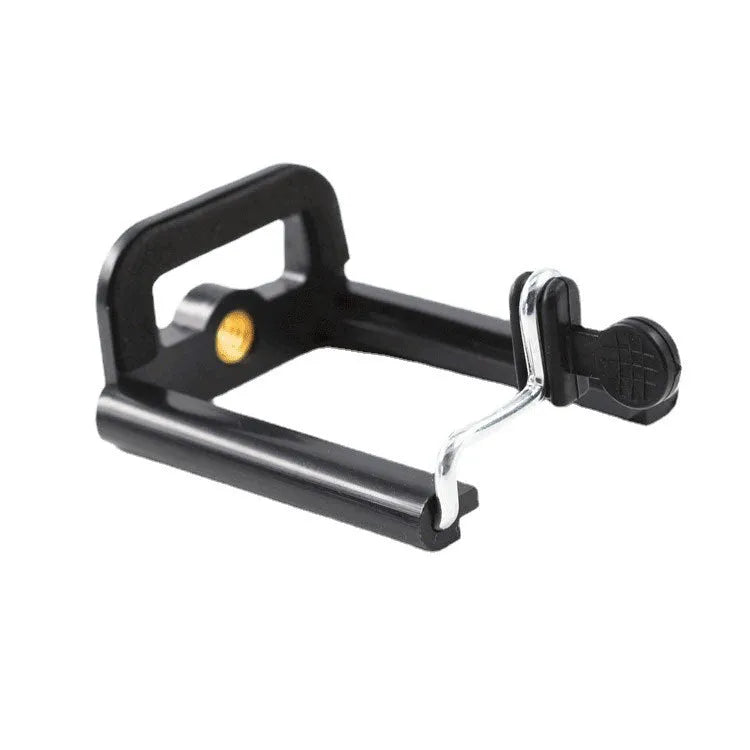 Black plastic U-shaped mobile phone clip holder for mounting on a hose.