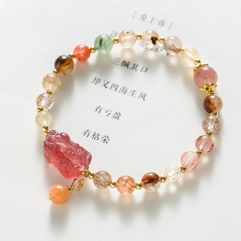 Chinese style strawberry quartz crystal bracelet with copper setting and pearl accents for women