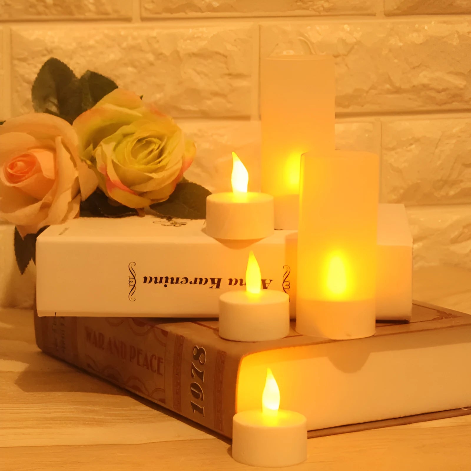 White plastic USB rechargeable LED candle lamp with yellow flashing flame effect on plastic cup