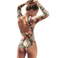 Women's backless one-piece swimsuit with leaf print design in polyester fabric