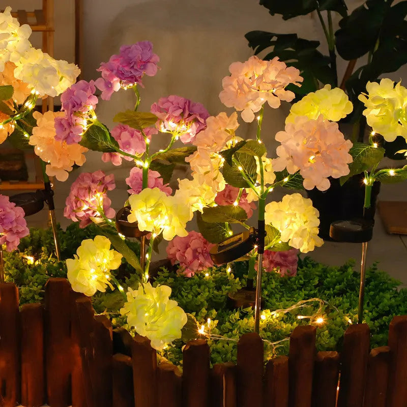 Solar hydrangea garden decorative light in floral design with rubber construction for outdoor placement
