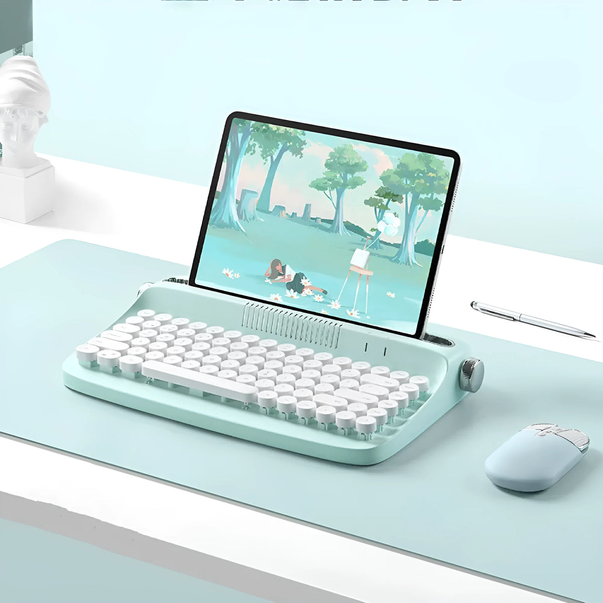 Retro iPad Bluetooth keyboard and mouse set with adjustable bracket, shown in mint green, beige, pink, white, or navy blue.