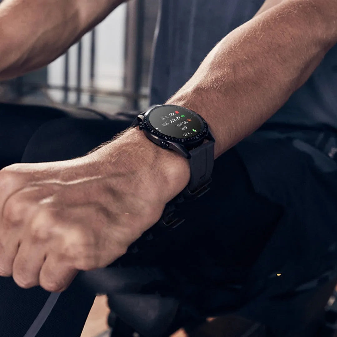 Round smartwatch with Bluetooth calling on wrist, showing dark colour option with fitness tracking display