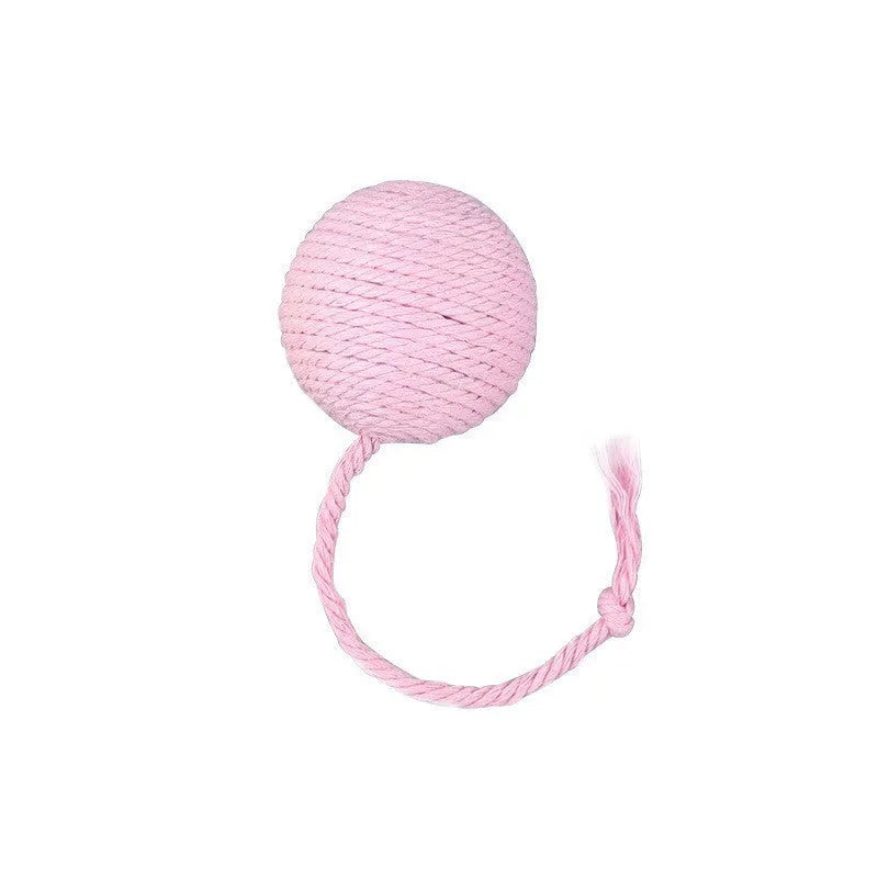 Colourful cat toy ball with rope attachment and built-in bell for interactive pet play