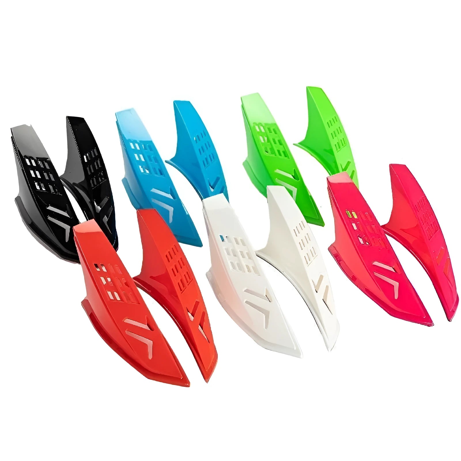 Pair of coloured decorative horn accessories for a child's motorcycle helmet.