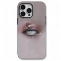 Dark frosted iPhone case with a spider web pattern, shown protecting a mobile phone.