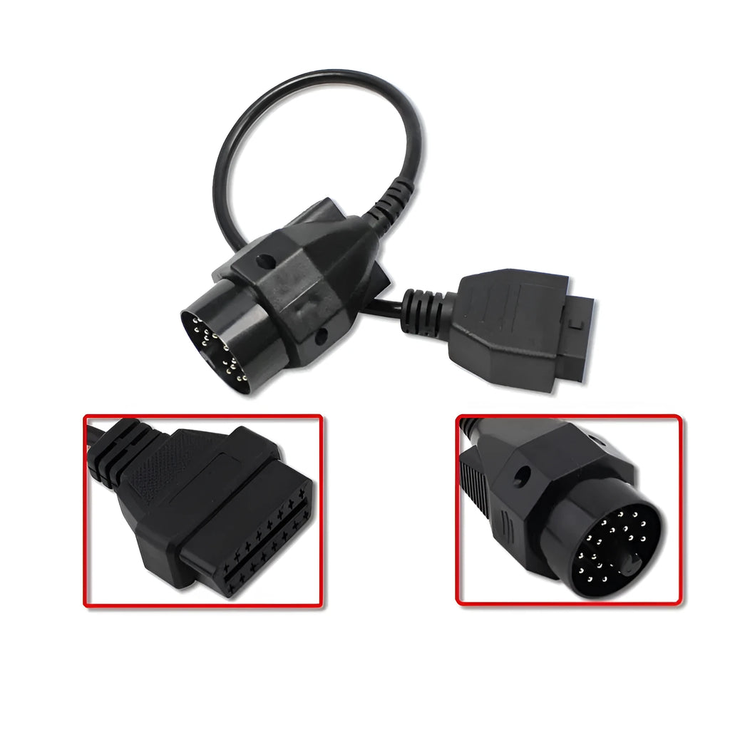 OBD2 adapter cable with BMW 20-pin connector and standard 16-pin OBD2 connector for vehicle diagnostics.