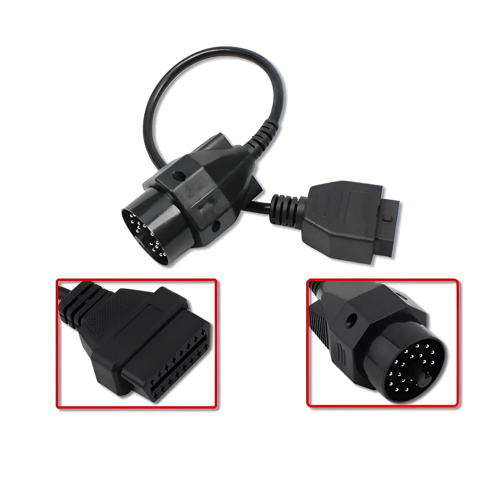 OBD2 adapter cable with BMW 20-pin connector and standard 16-pin OBD2 connector for vehicle diagnostics.
