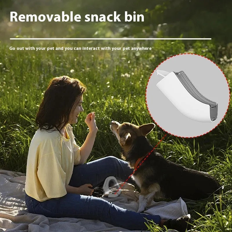 White plastic pet leashing device with integrated spotlight light and snack bin box on a table