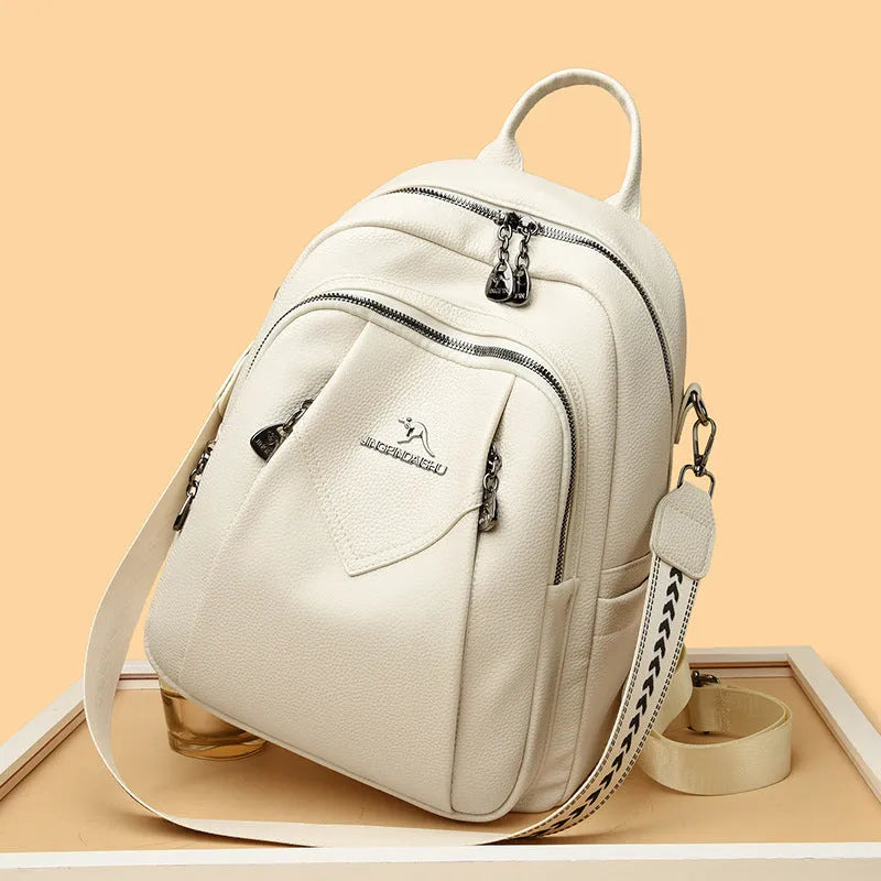 Geometric patchwork genuine leather backpack with belt decoration in beige available for travel