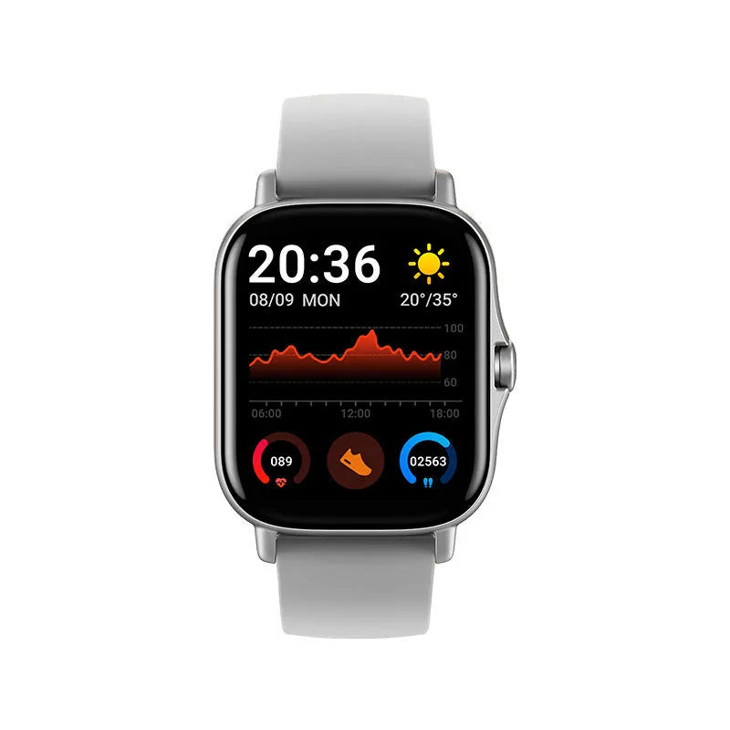 GT20 smart watch with black alloy case and silicone band showing heart rate monitoring display