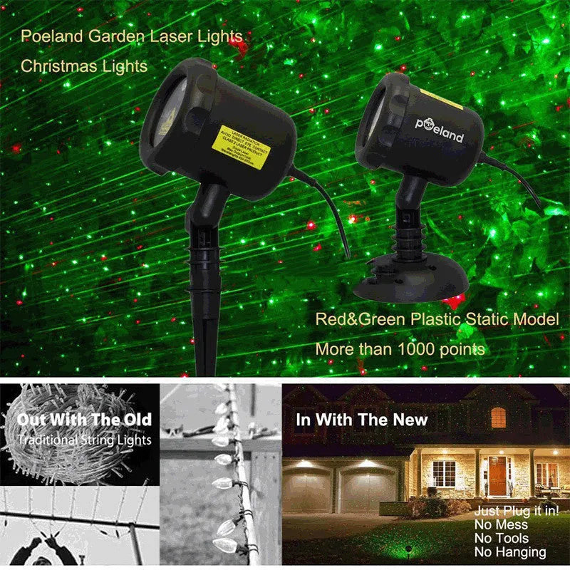 Christmas laser projector projecting red and green laser firefly patterns onto a garden tree at night, IP65 outdoor use