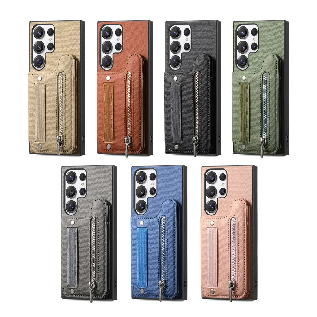 Wristband wallet card holder phone case in imitation leather with embossed finish for Samsung, featuring bracket and multiple colours