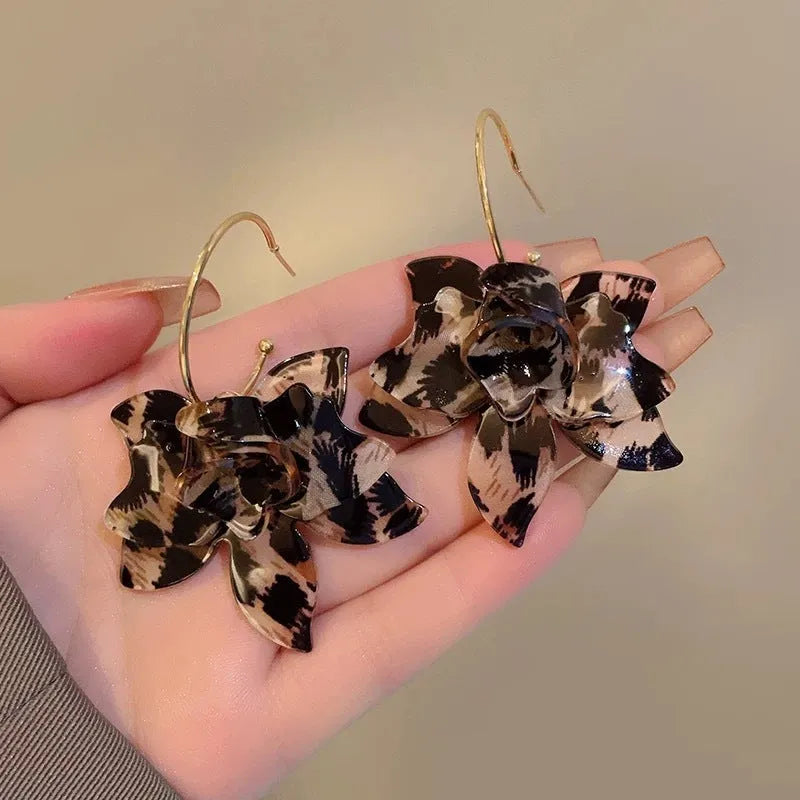 Large leopard print flower earrings in acetate, high-grade animal print and floral design women's jewellery