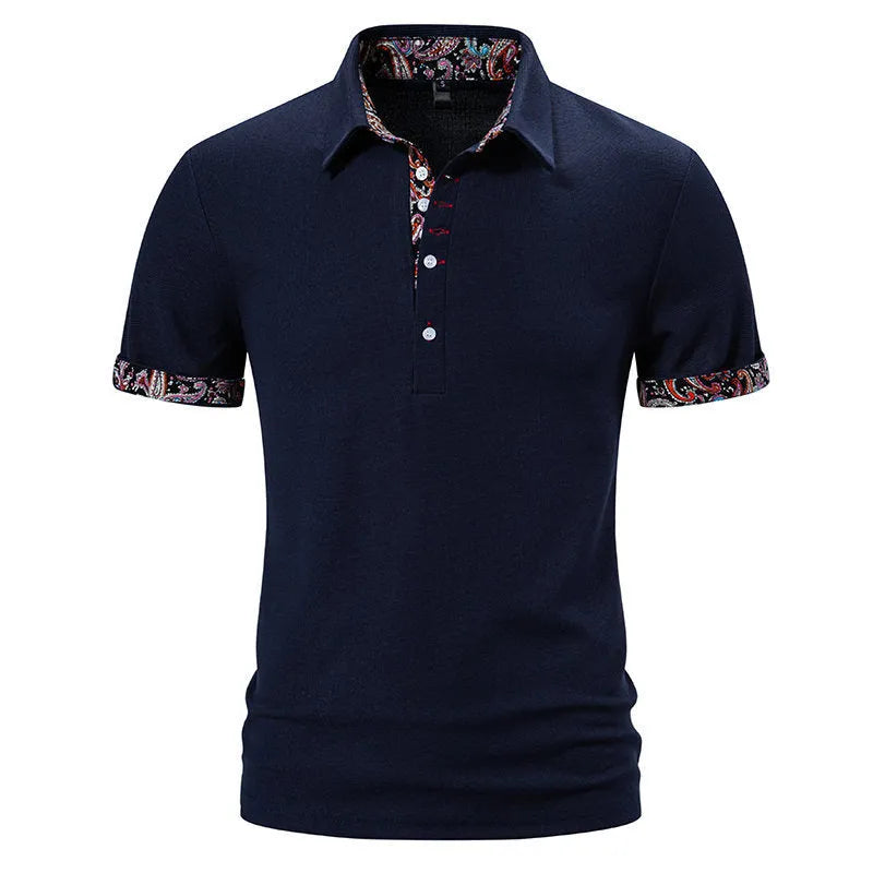 Men's short sleeve polo shirt with a turnover collar and colour stitching detail in a cotton blend fabric.