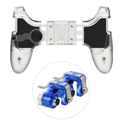 Black wired mobile phone game controller with ergonomic grip and physical action buttons plugged into a smartphone.