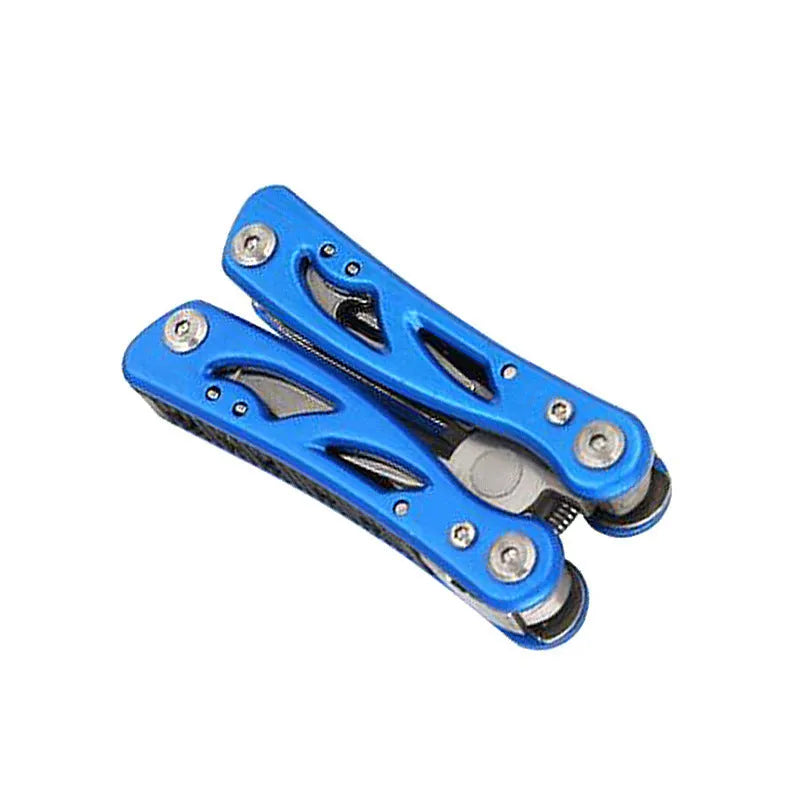 Blue outdoor multi-function pliers knife with stainless steel construction and Oxford fabric carry bag