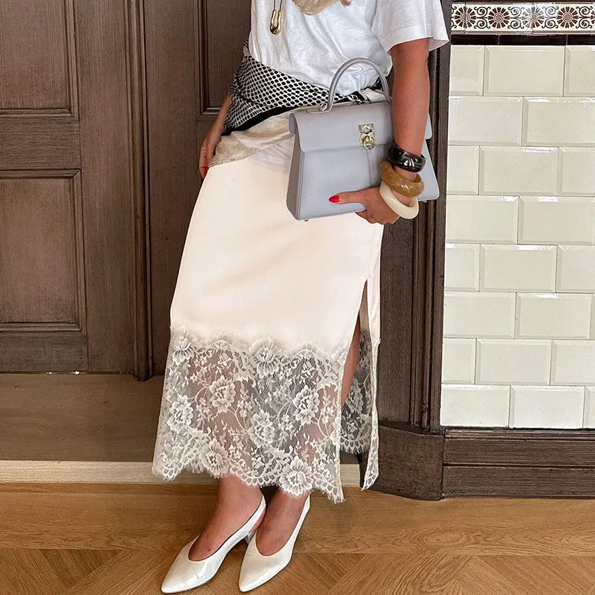 Apricot satin lace side-slit long skirt, polyester half skirt in sizes S M L