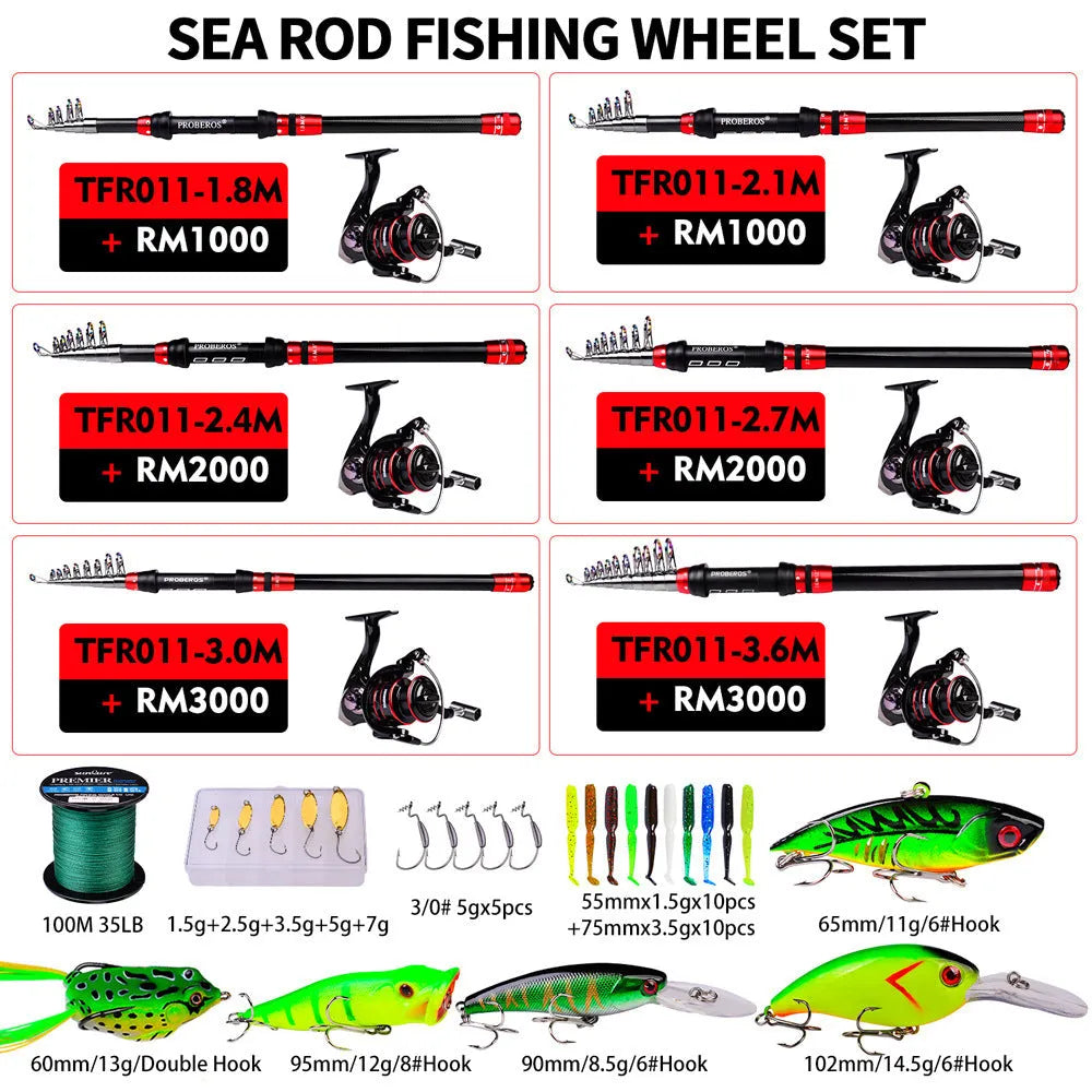 Long cast fishing rod reel and lure combination set with red colour and storage bag
