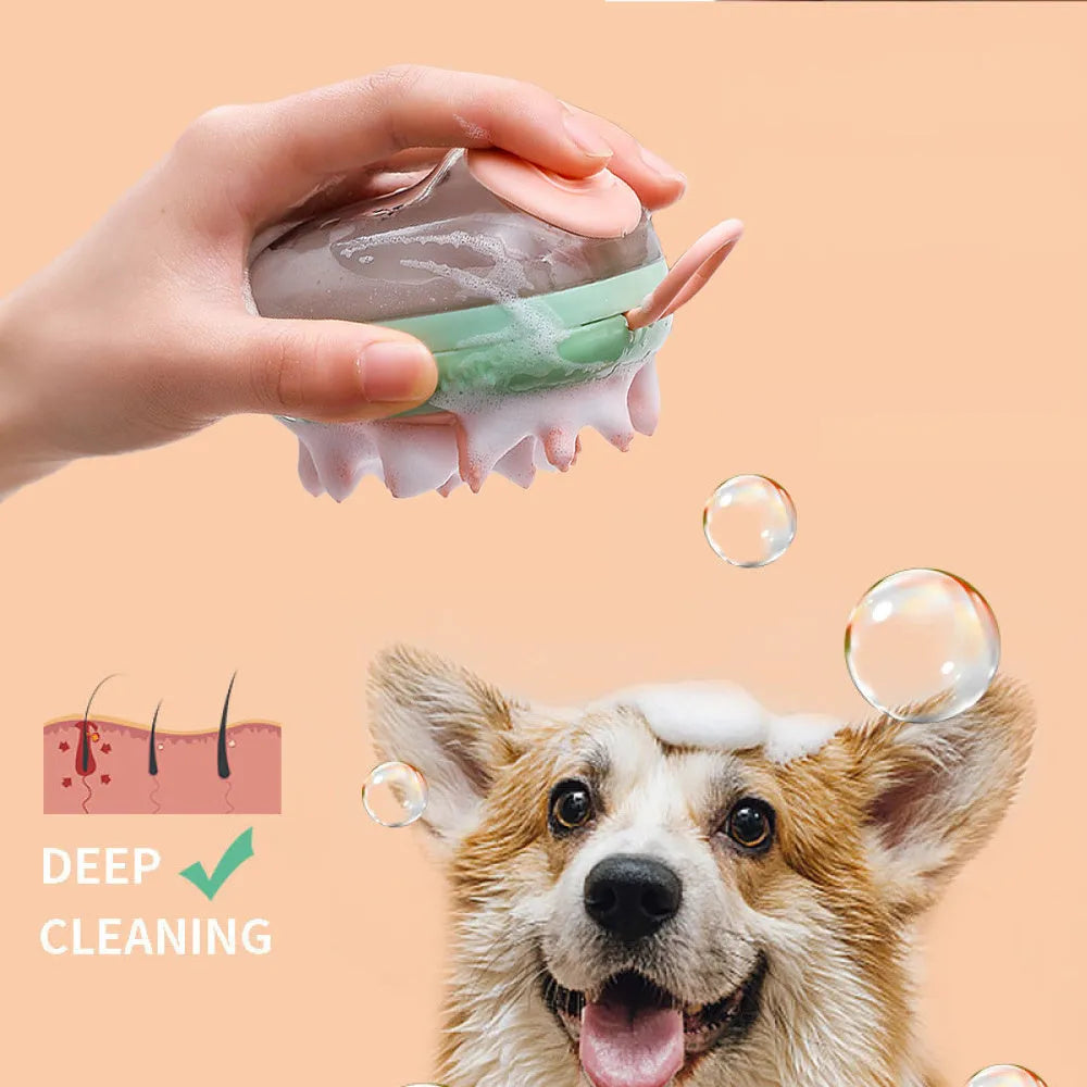 Blue pet bath brush with silicone bristles and shampoo dispenser in handle