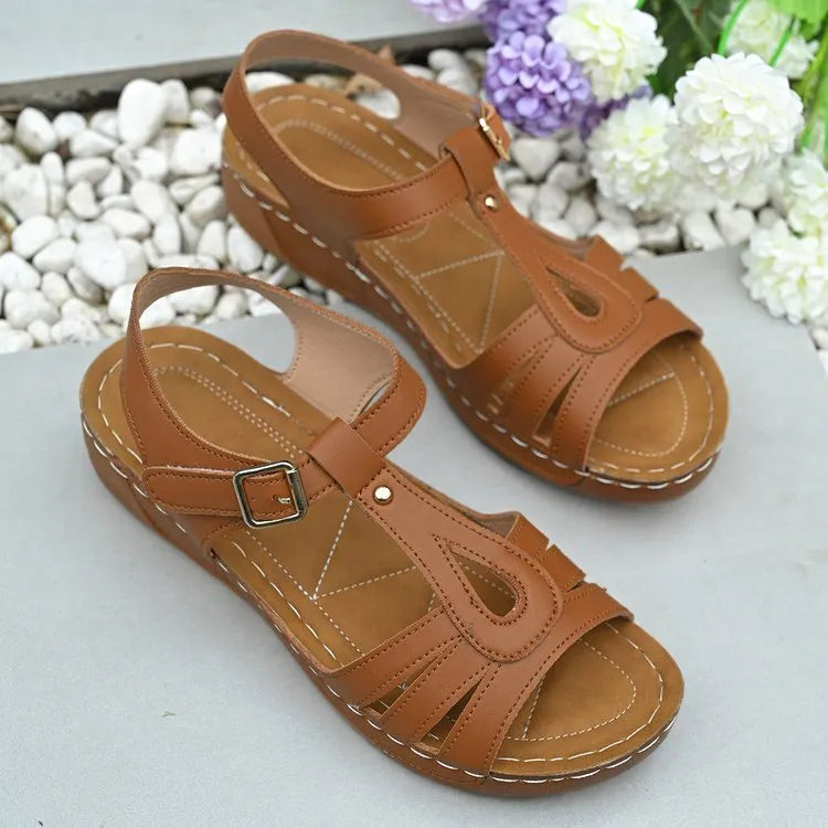 Women's PU ankle-strap buckle sandals with round toe and rubber sole in beige white, black, or dark brown