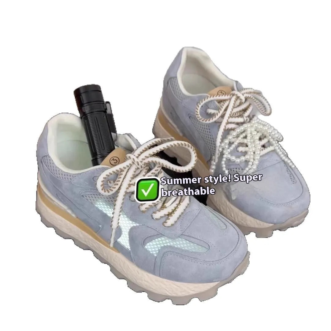 Women's platform sneakers with height-increasing insole, synthetic leather upper, rubber sole, mid heel 3-5cm, blue apricot yellow