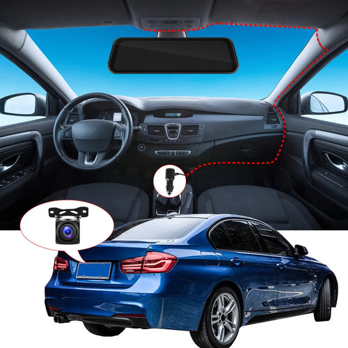 9.66-inch car dash cam and smart mirror with touch screen, CarPlay Android Auto support, and recording function