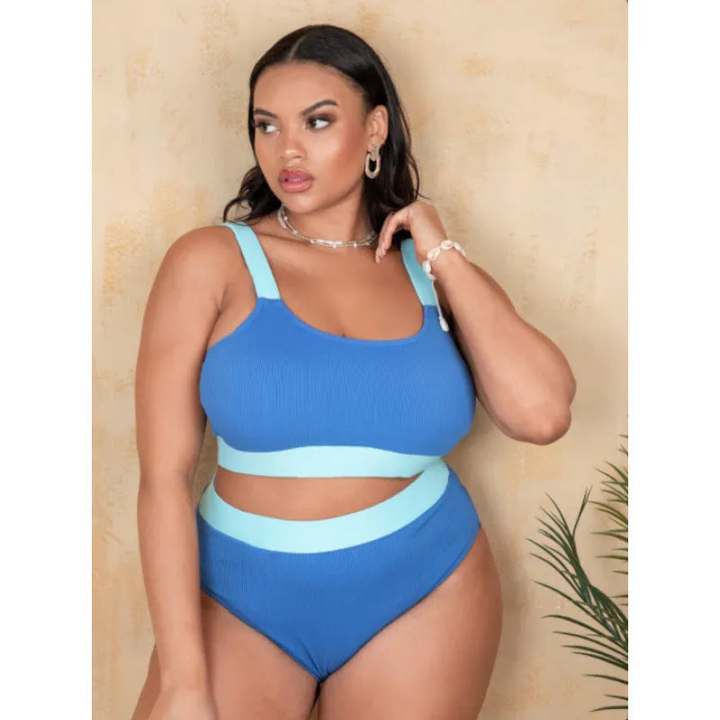Women's solid colour high-waist bikini swimsuit set in polyester fabric on a mannequin.
