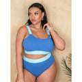 Women's solid colour high-waist bikini swimsuit set in polyester fabric on a mannequin.