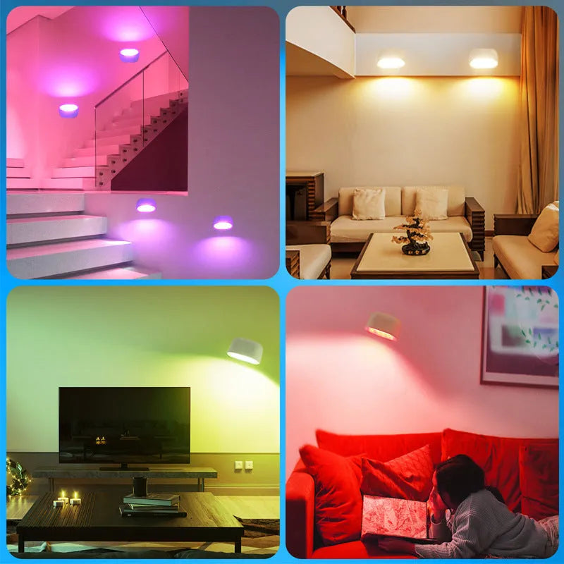 Oval-shaped white remote touch magnetic wall lamp stuck to a wall, showing remote control.