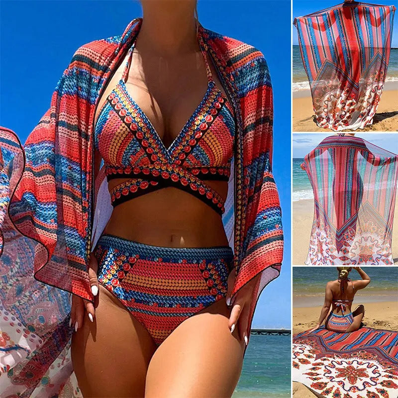 Women's three-piece swimsuit set showing split-front blouse, high-waist briefs, and longline cover-up coat on a model.