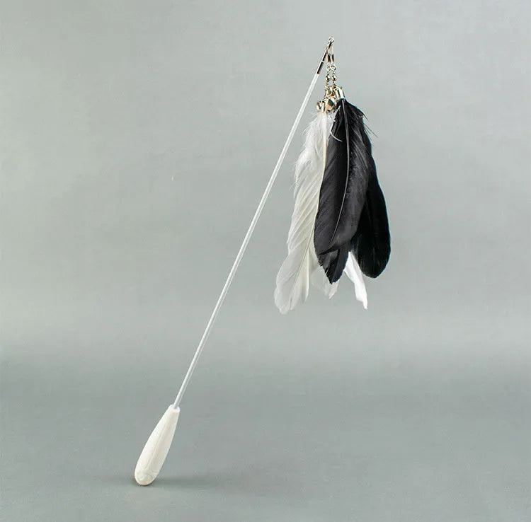 Telescopic cat fishing rod toy extended with goose feather teasers and self-hi bell